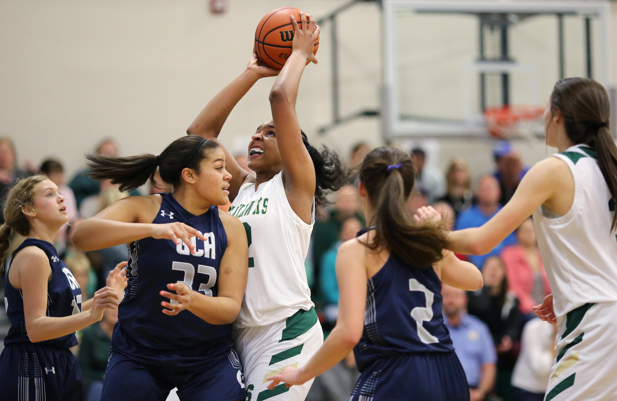 Silversale's Laney Bone (12) puts up a shot she rebounded during the Silverdale vs. Grace Christian Academy region tournament game Tuesday, February 12, 2019 at Silverdale Baptist Academy in Chattanooga, Tennessee.
