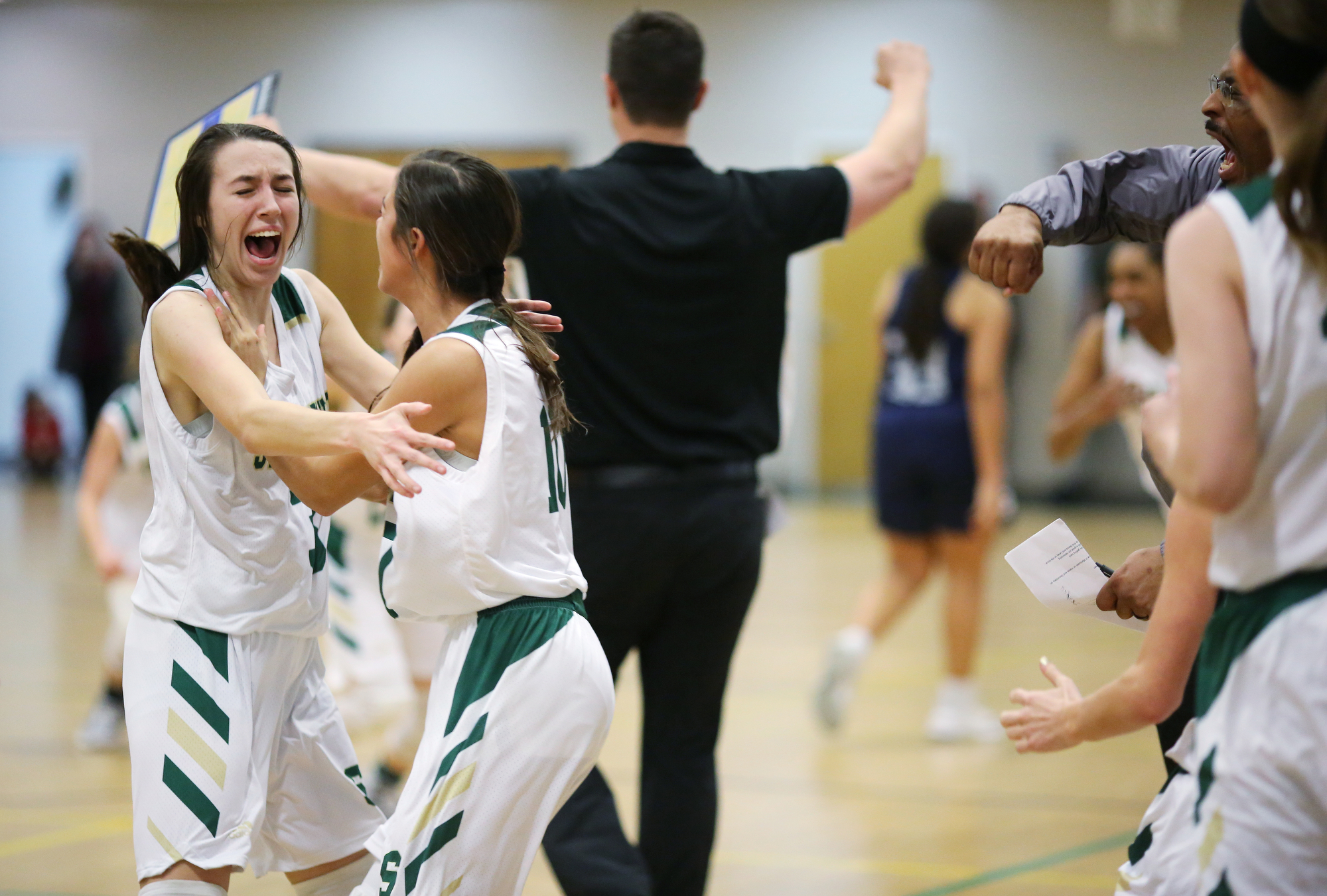 Silverdale's Audrey Canter (3) and Bentlee Stiner (10) celebrate their win over Grace Christian Academy Tuesday, February 12, 2019 at Silverdale Baptist Academy in Chattanooga, Tennessee.