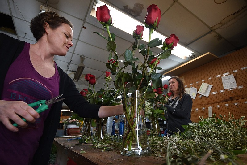 Helen Cheek, left, and Arwen Kyle work to build "The Perfect Dozen," of roses Wednesday in the shop at Humphreys Flowers at McCallie and Holtzclaw avenues. "I did at least 50 of these yesterday," Kyle said as she worked.