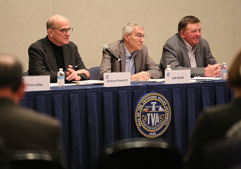 Tennessee Valley Authority board members Richard Howorth, Jeff Smith and Kenneth Allen listen to individuals voicing their opinions about the potential closure of Bull Run and Paradise coal units during a TVA listening hearing Wednesday, February 13, 2019 at the Chattanooga Convention Center in Chattanooga, Tennessee. The TVA board will consider the future of the Paradise and Bull Run plants at its quarterly meeting at 9:30 a.m. Thursday in the Missionary Ridge auditorium.