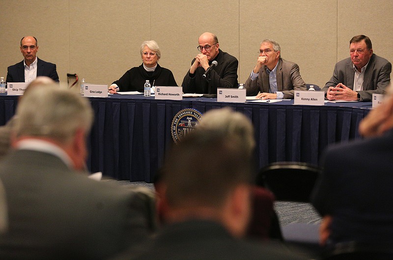 Tennessee Valley Authority board members Skip Thompson, Gina Lodge, Richard Howorth, Jeff Smith and Kenny Allen listen to individuals voicing their opinions about the potential closure of coal units at the Bull Run and Paradise plants during a listening hearing Wednesday, February 13, 2019 at the Chattanooga Convention Center in Chattanooga, Tennessee. The TVA board will consider the future of the Paradise and Bull Run plants at its quarterly meeting at 9:30 a.m. Thursday in the Missionary Ridge auditorium.