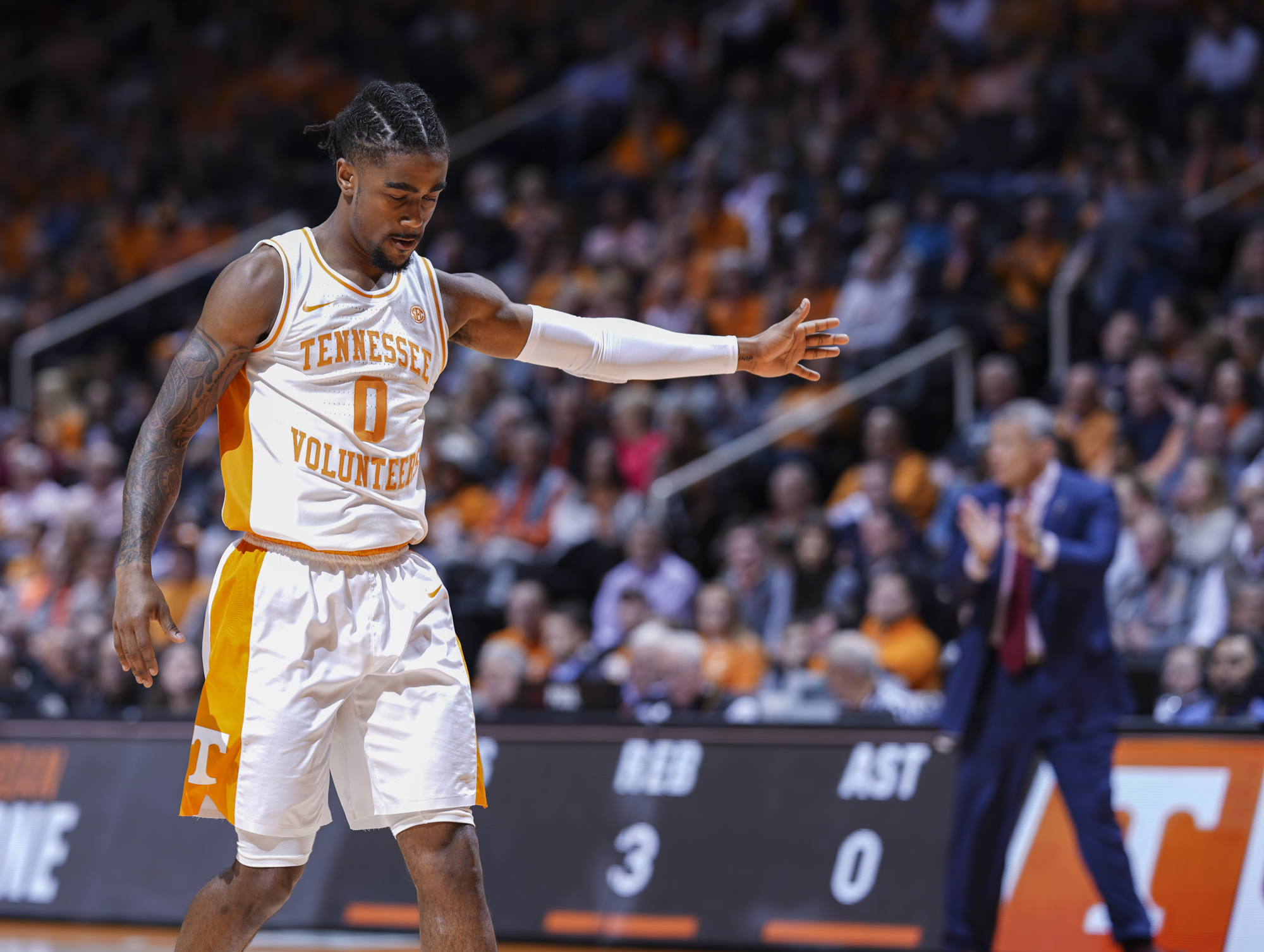 Tennessee point guard Jordan Bone gives an air high-five to teammates who aren't there after making a free throw during Wednesday night's game against South Carolina, which the Vols won 85-73.