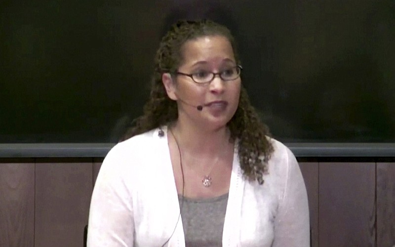 This image taken from video from Center for Advanced Study in the Behavioral Sciences at Stanford University, shows Vanessa Tyson speaking at a Stanford University symposium on Tuesday, Feb. 12, 2019 in Stanford, Calif. Tyson, appearing as one of two panelists at the event called "Betrayal and Courage in the Age of #MeToo," was making her first public appearance since she accused Virginia Lt. Gov. Justin Fairfax of assaulting her in 2004. Tyson is a political science professor at Southern California's Scripps College who is spending a year at Stanford as a research fellow. (CASBS/Stanford University via AP)