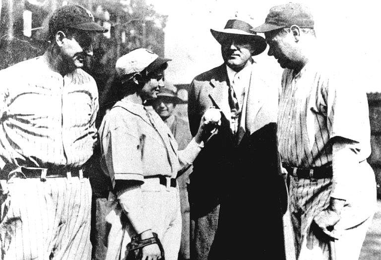 From left to right, Lou Gehrig, Jackie Mitchell, Joe Engel and Babe Ruth stand together in this undated photo.