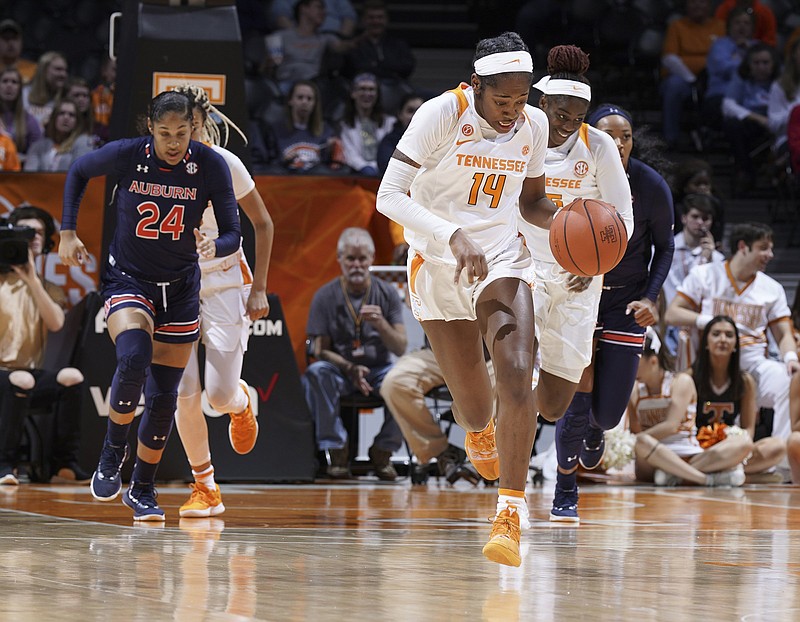 Tennessee's Zaay Green pushes the ball upcourt during Thursday night's game against Auburn at Thompson-Boling Arena in Knoxville. Green scored 25 points to lead the Lady Vols to a 73-62 win.