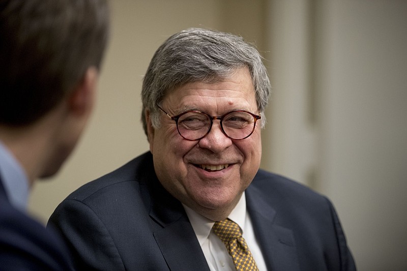 In this Jan. 29, 2019, photo, Attorney General nominee William Barr, right, meets with Sen. Josh Hawley, R-Miss., a member of the Senate Judiciary Committee, in Hawley's office in Washington. (AP Photo/Andrew Harnik)