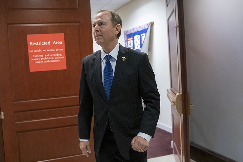 House Intelligence Committee Chairman Adam Schiff, D-Calif., arrives to speak with reporters after his panel voted in a closed session to send more than 50 interview transcripts from its now-closed Russia investigation to special counsel Robert Mueller. (AP Photo/J. Scott Applewhite)