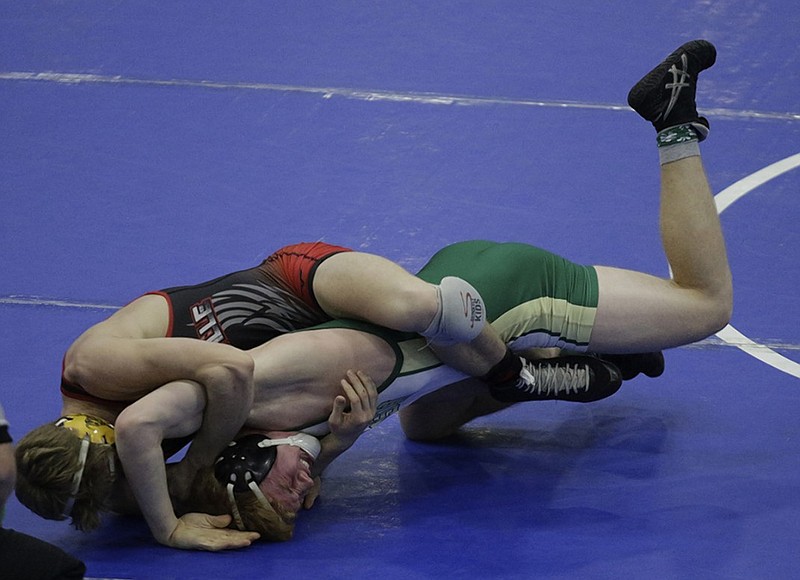 Sonoraville's Trevor Burdick, top, wrestles with Notre Dame's Grant Speer during the McCallie Invitational in December 2017.