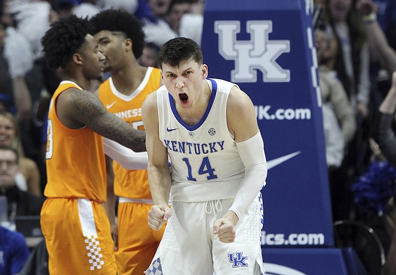 Kentucky's Tyler Herro celebrates during the second half of the fifth-ranked Wildcats' 86-69 home win against No. 1 Tennessee on Saturday night.