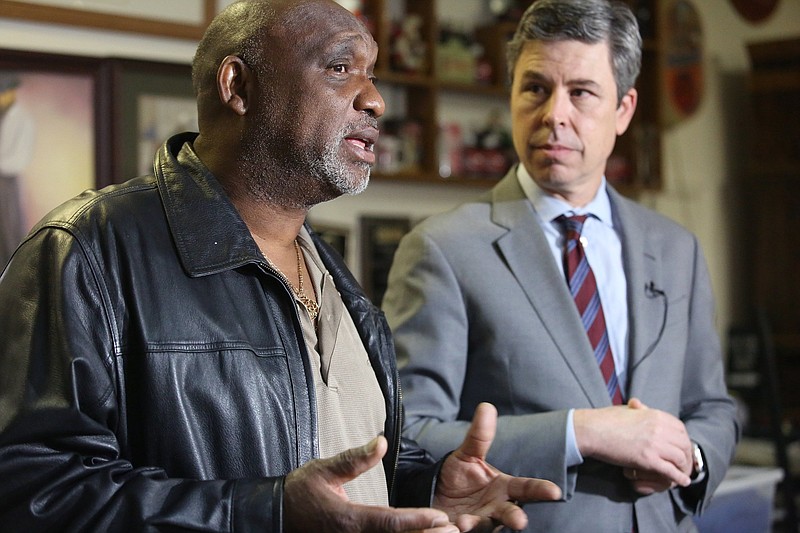 Darnell Moss, the owner of Moss' Place Catering, talks about what the Neighborhood Reinvestment Fund could do for his business during a press conference at Moss' Place Catering Monday, February 18, 2019 in Chattanooga, Tennessee. If he gets the loan, Moss plans to use it to repair the leaking roofs on his buildings.