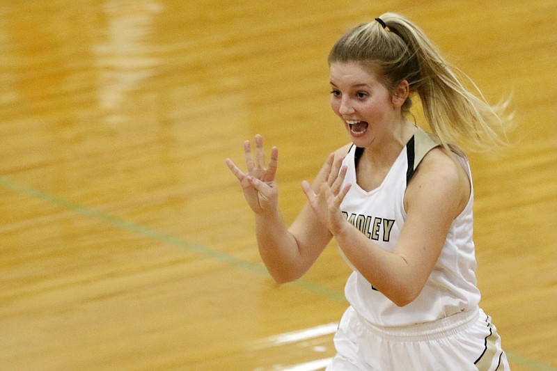 Bradley Central's Kaleigh Hughes (1) celebrates after defeating East Hamilton during the District 5-AAA championship game at Soddy-Daisy High School on Monday, Feb. 18, 2019 in Soddy-Daisy, Tenn.