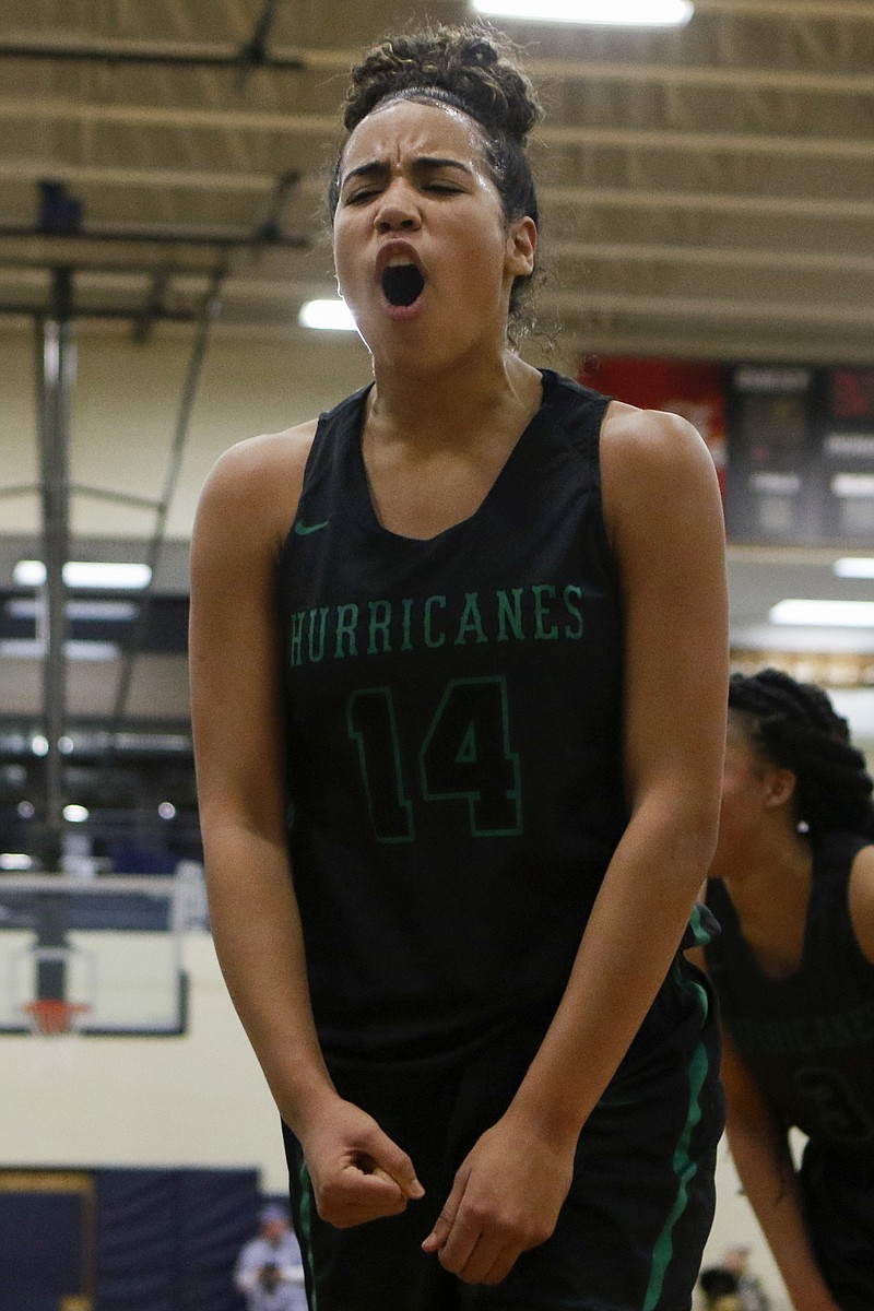 East Hamilton's Madison Hayes (14) reacts during the District 5-AAA championship game against Bradley Central at Soddy-Daisy High School on Monday, Feb. 18, 2019 in Soddy-Daisy, Tenn.