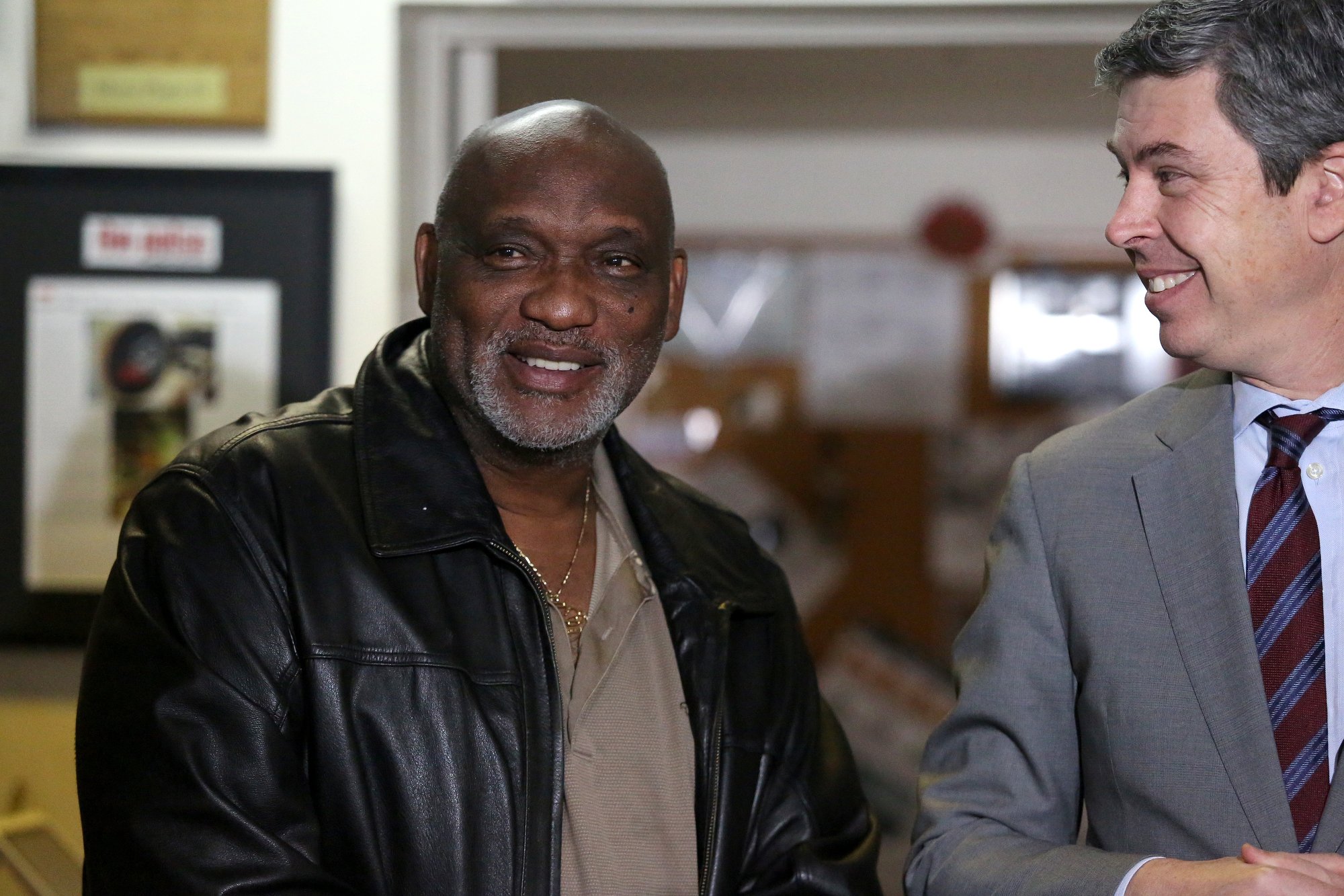 Darnell Moss, the owner of Moss' Place Catering, talks about what the Neighborhood Reinvestment Fund could do for his business during a press conference at Moss' Place Catering Monday, February 18, 2019 in Chattanooga, Tennessee. If he gets the loan, Moss plans to use it to repair the leaking roofs on his buildings.