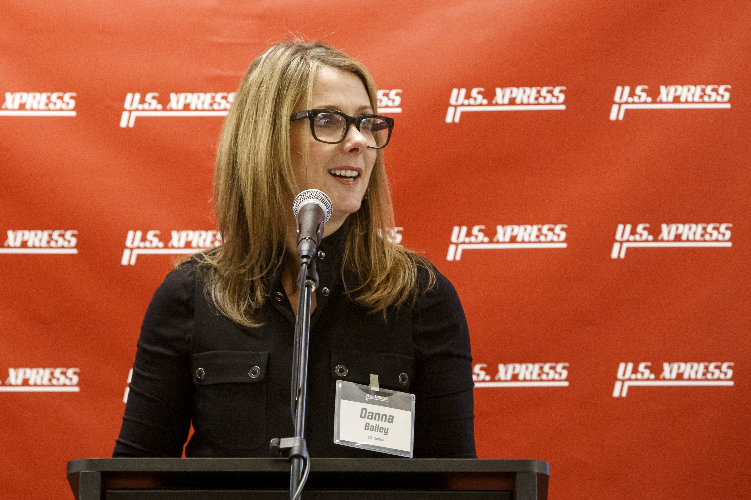 U.S. Xpress Vice President of Communications Danna Bailey speaks at the U.S. Xpress Tunnel Hill facility before a tour showcasing the Professional Driver Development program on Tuesday, Feb. 19, 2019 in Tunnel Hill, Ga.