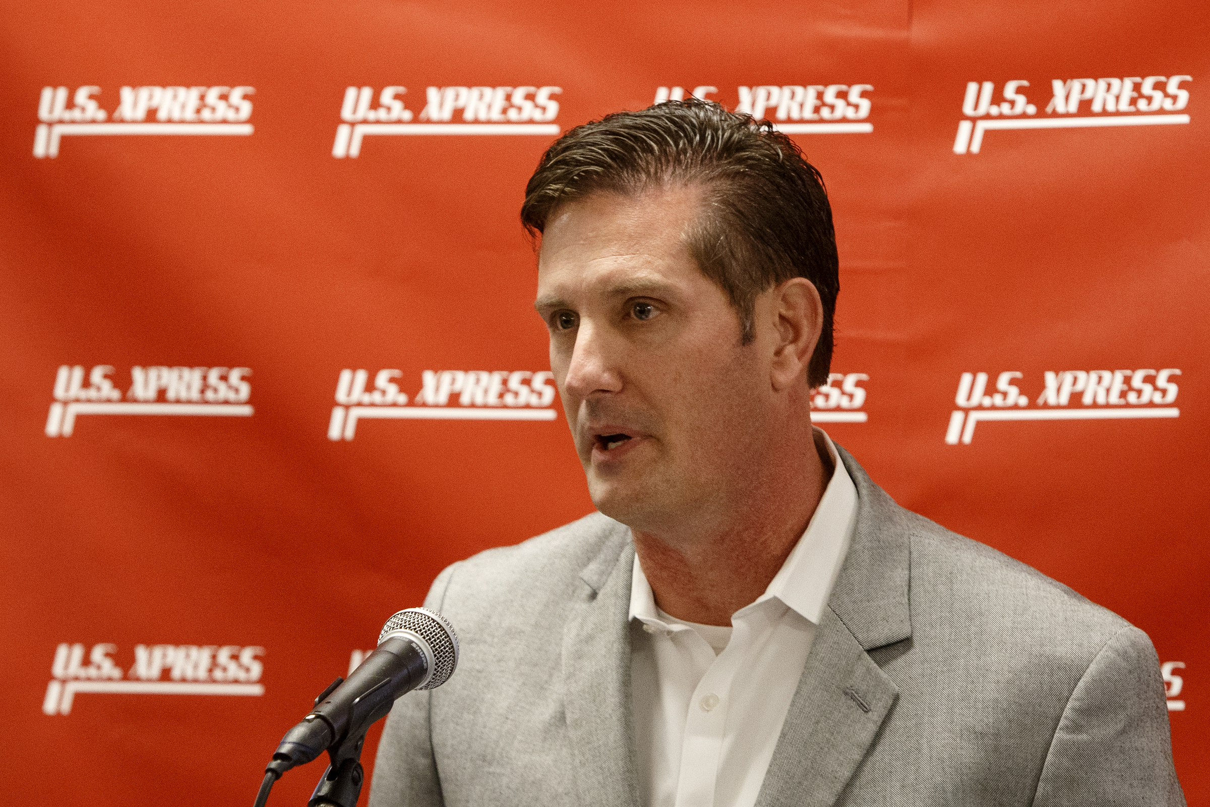 U.S. Xpress Chief Operating Officer Matt Herndon speaks at the U.S. Xpress Tunnel Hill facility before a tour showcasing the Professional Driver Development program on Tuesday, Feb. 19, 2019 in Tunnel Hill, Ga.