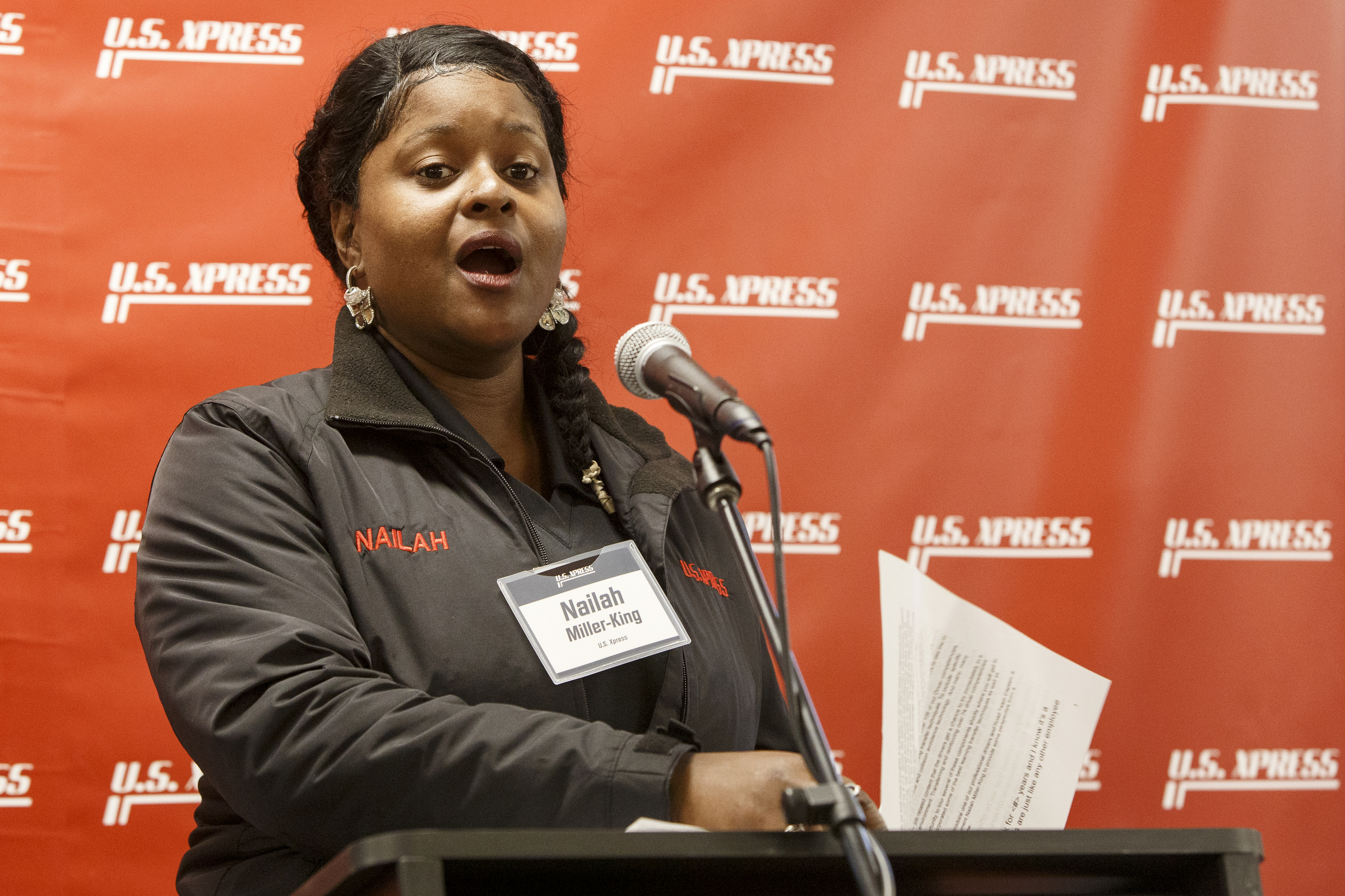 U.S. Xpress Professional Driver Nailah Miller-King speaks at the U.S. Xpress Tunnel Hill facility before a tour showcasing the Professional Driver Development program on Tuesday, Feb. 19, 2019 in Tunnel Hill, Ga.