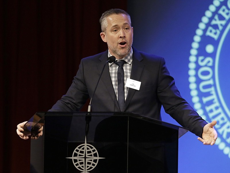 Southern Baptist Convention President J.D. Greear speaks to the denomination's executive committee Monday, Feb. 18, 2019, in Nashville, Tenn. (AP Photo/Mark Humphrey)

