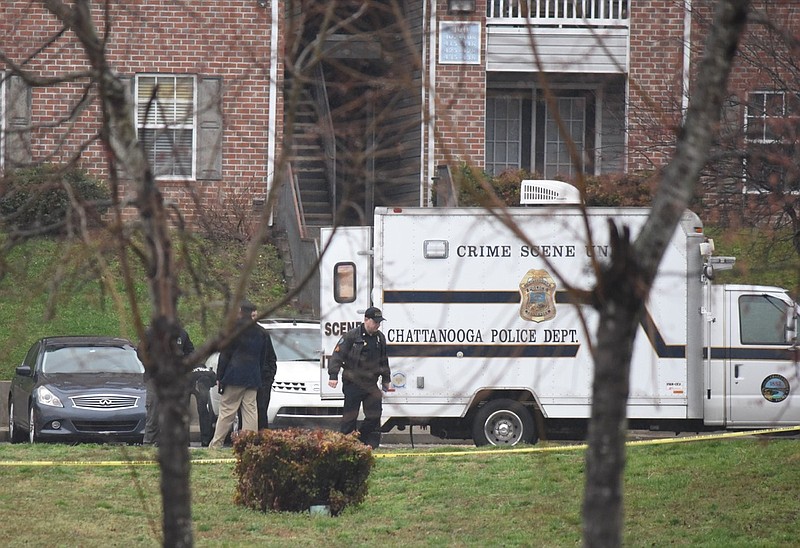 Chattanooga police work a shooting Tuesday afternoon at River City North Apartment Homes in the 3800 block of Hixson Pike.