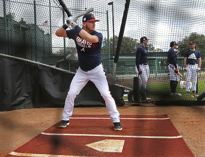 Atlanta Braves third baseman Josh Donaldson takes batting practice during spring training Wednesday in Florida. Donaldson signed a one-year deal with the Braves as a free agent in the offseason.