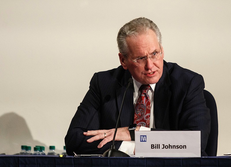 TVA CEO Bill Johnson speaks during a meeting by the Tennessee Valley Authority's board of directors at TVA Headquarters on Thursday, Feb. 14, 2019, in Chattanooga, Tenn. During the meeting, the board voted 6-1 to close the Paradise and Bull Run coal power plants, citing the plants' inefficiency, age and obsolescence in the current TVA power system.