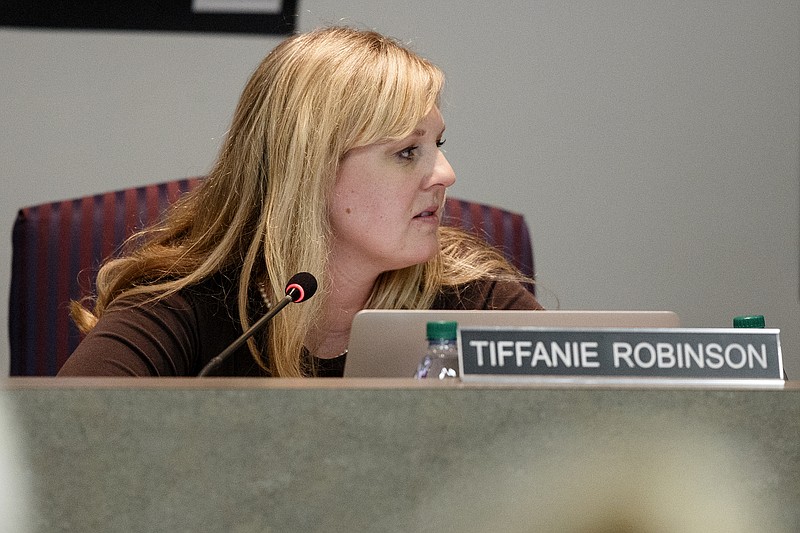 Hamilton County District 4 School Board member Tiffanie Robinson is seen during a discussion on transportation during a school board meeting on Thursday, Feb. 21, 2019 in Chattanooga, Tenn.