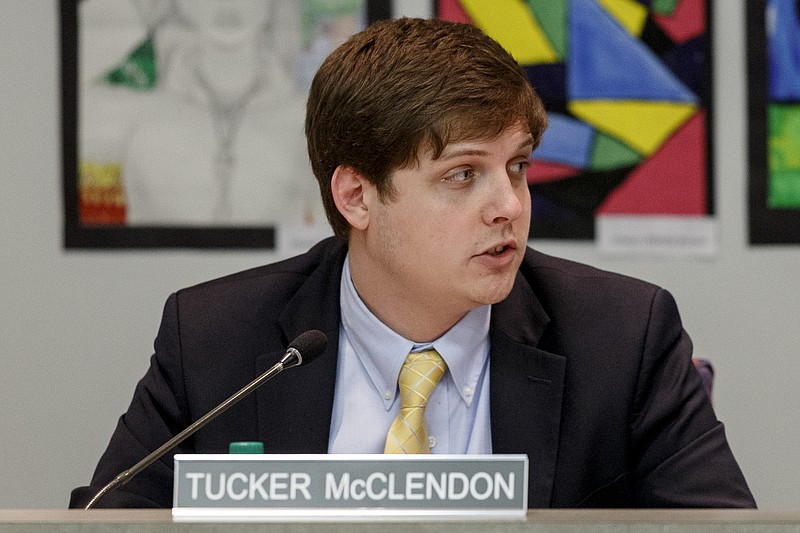 Hamilton County District 8 School Board member Tucker McClendon is seen during a discussion on transportation during a school board meeting on Thursday, Feb. 21, 2019 in Chattanooga, Tenn.