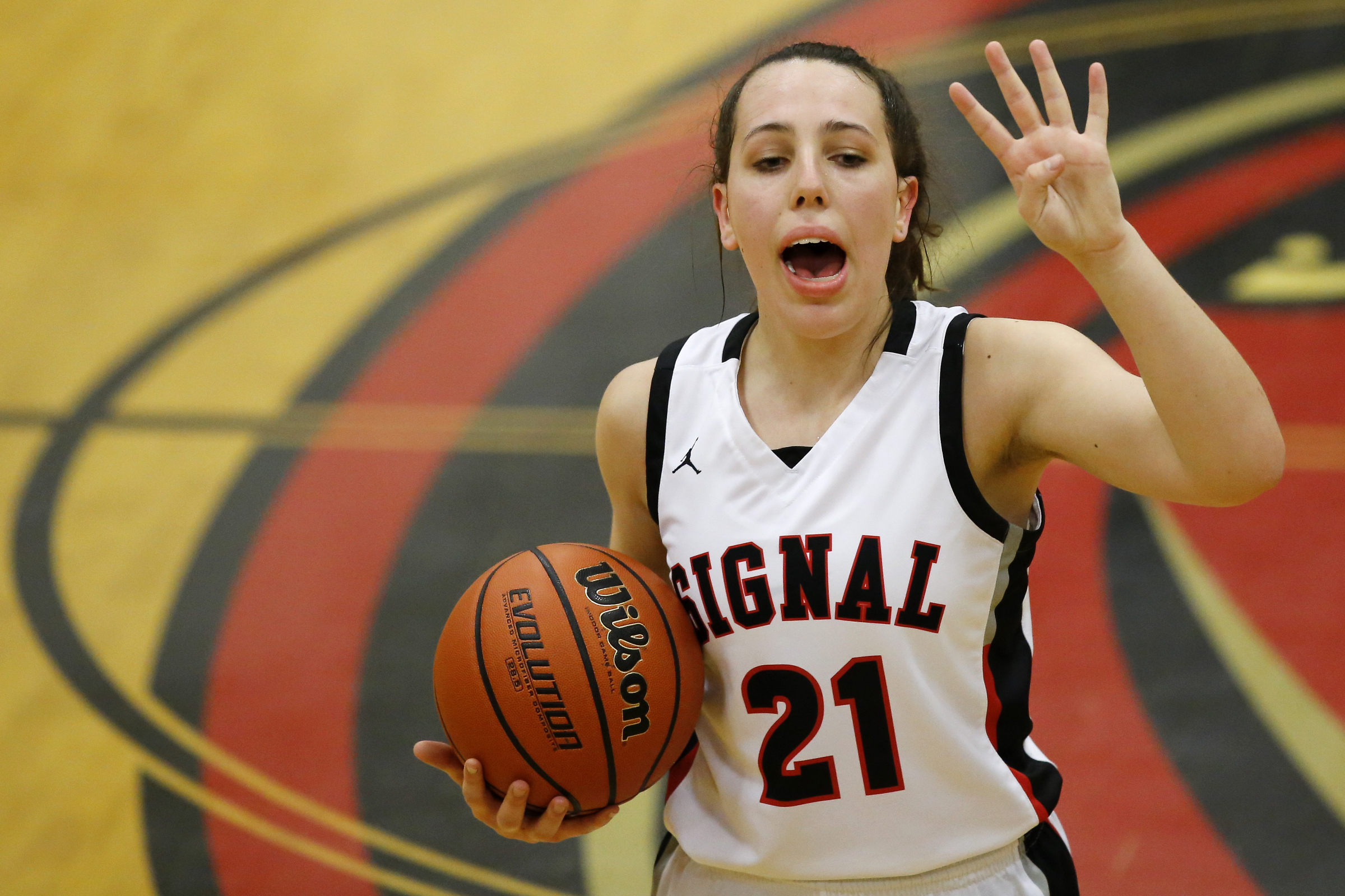 Signal Mountain's Jolie McGann (21) calls a play during the Region 3-AA quarterfinals against Sequoyah at Signal Mountain Middle/High School on Friday, Feb. 22, 2019 in Signal Mountain, Tenn.
