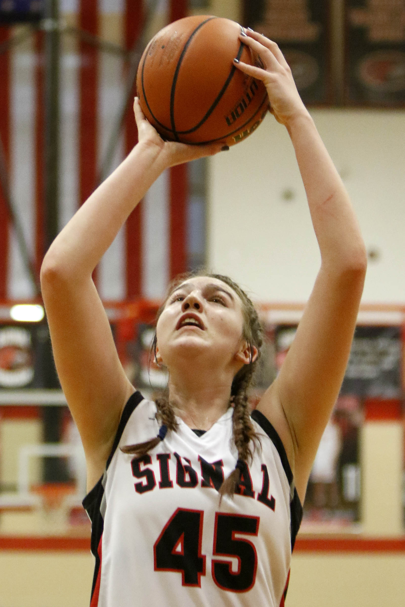 Signal Mountain's Olivia Koontz (45) takes a shot against Sequoyah during the Region 3-AA quarterfinals at Signal Mountain Middle/High School on Friday, Feb. 22, 2019 in Signal Mountain, Tenn.