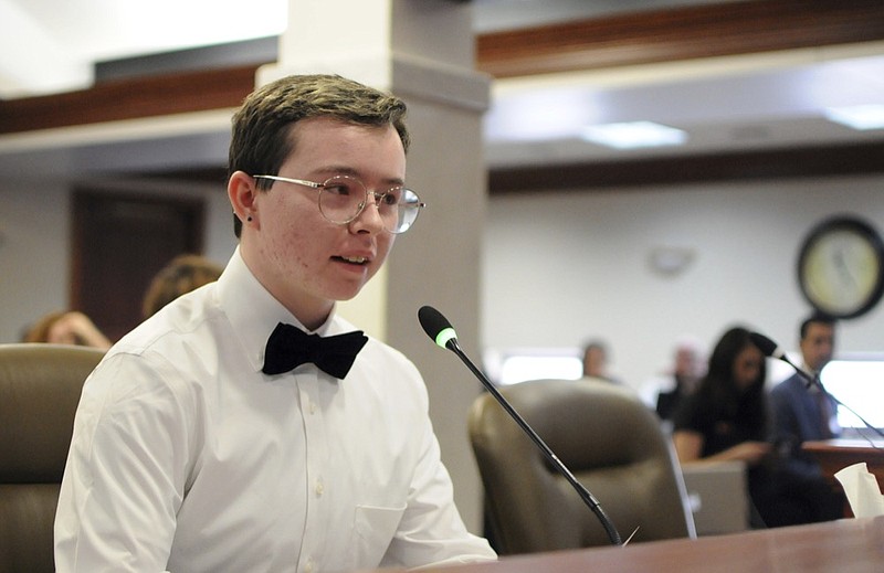 Oliver Dickman, a transgender high school senior, testifies against a bill in Pierre, S.D., Friday, Feb. 22, 2019. A Senate committee rejected the measure that would have banned teaching about gender dysphoria through seventh grade in public schools. (AP Photo/James Nord)

