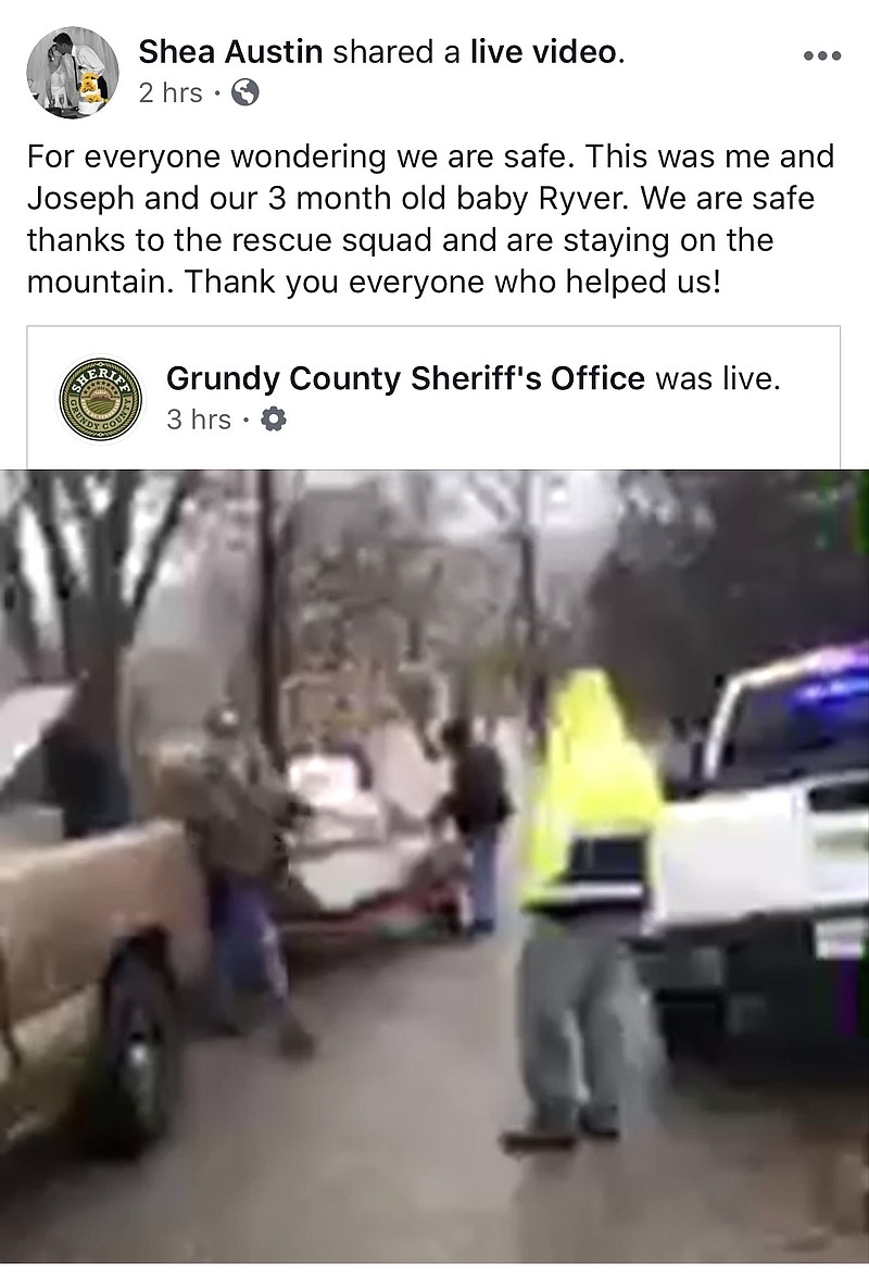 This screenshot was taken of a Saturday Facebook post by Carlton Valley resident Shea Austin, who was rescued, along with another adult family member she identified as Joseph and an infant named Ryver, from rising floodwaters that threatened to overtake her home.