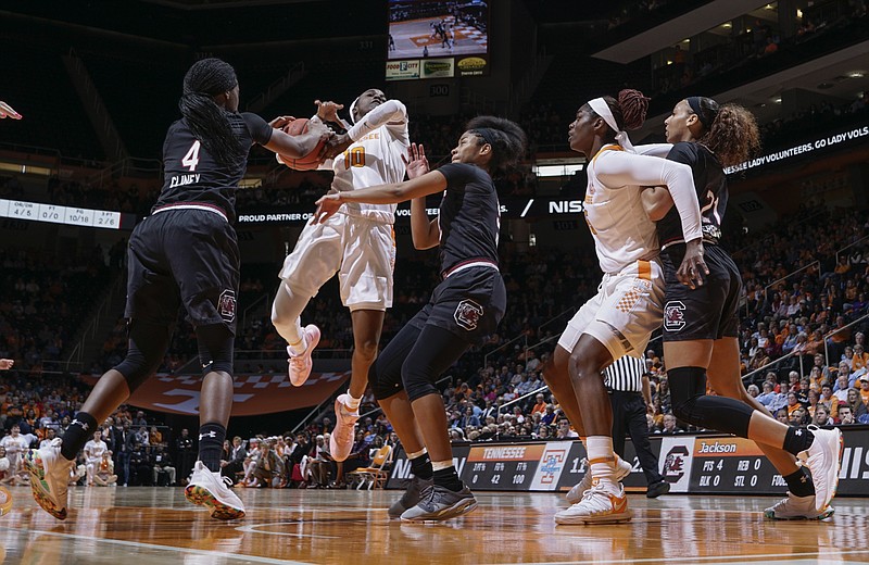 South Carolina's Doniyah Cliney strips the basketball away from Tennessee's Meme Jackson during their teams' SEC matchup Sunday at Thompson-Boling Arena in Knoxville.