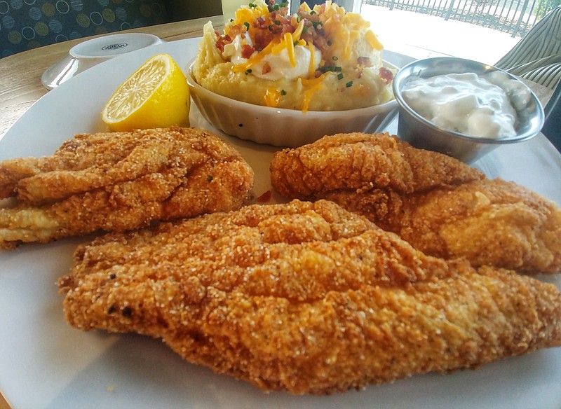 Fried catfish at Aubrey's is lightly battered and served with lemon-caper sauce. It comes with one side.