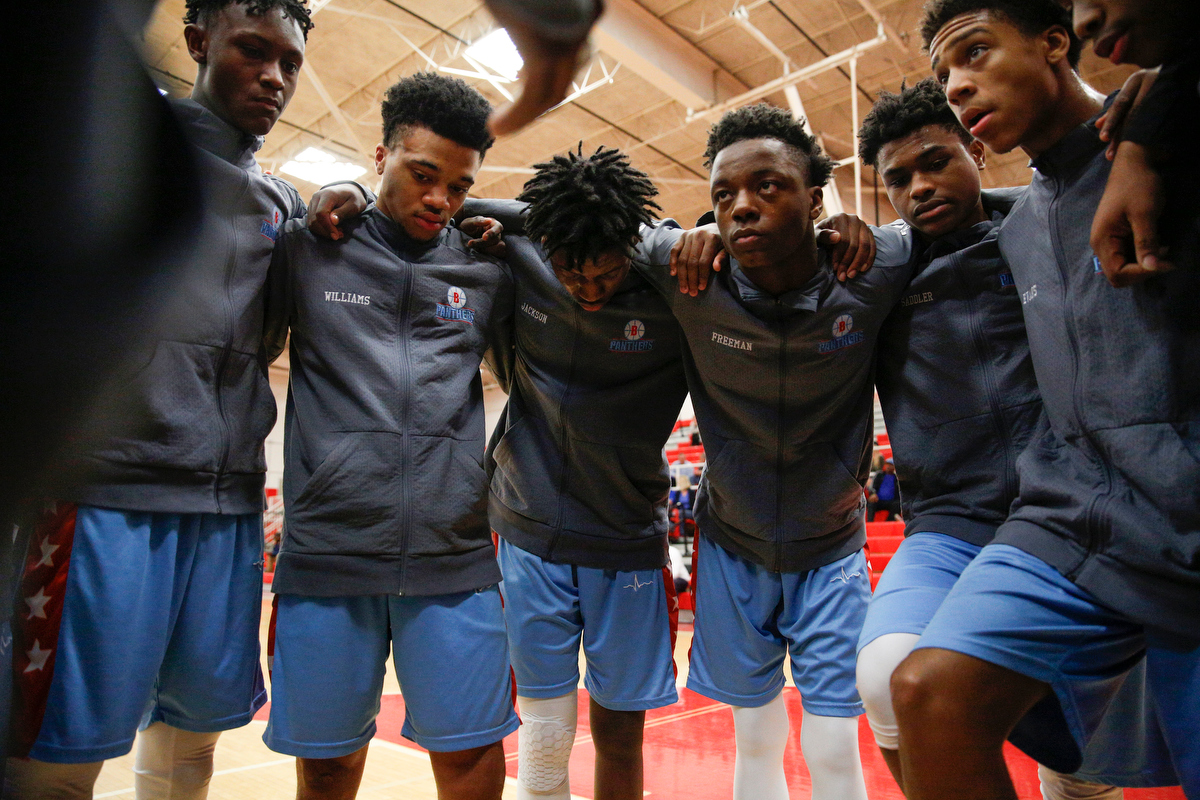 Brainerd players huddle up before the Panthers' Region 3-AA basketball tournament semifinal game against Sweetwater at Loudon High School on Tuesday, Feb. 26, 2019, in Loudon, Tenn.
