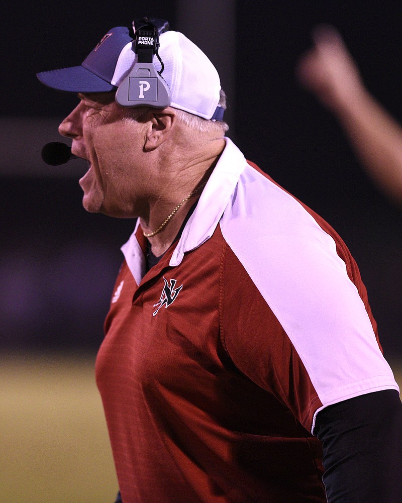 Mark Rose shows his displeasure at a official's call.  The North Jackson Chiefs hosted the Scottsboro Wildcats in a rivalry game on September 28, 2018.