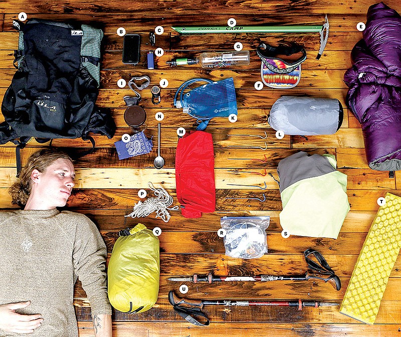 Chris Pickering poses with items from his hiking bag.