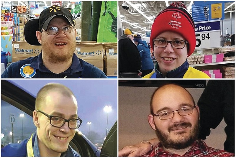 This combination of images shows Walmart greeters, clockwise from top left, John Combs in Vancouver, Wash., Ashley Powell in Galena, Ill., Mitchell Hartzell in Hazel Green, Ala., and Adam Catlin in Selinsgrove, Pa. Combs, Powell, Hartzell and Catlin are among disabled Walmart greeters threatened with job loss as Walmart transforms the greeter position into one that's more physically demanding. After more than a week of backlash, Greg Foran, president and CEO of Walmart's U.S. stores, said in a memo to store managers Thursday, Feb. 28, 2019, that "we are taking some specific steps to support" greeters with disabilities. (Rachel Wasser/Tamara Ambrose/Gina Hopkins/Holly Catlin via AP)