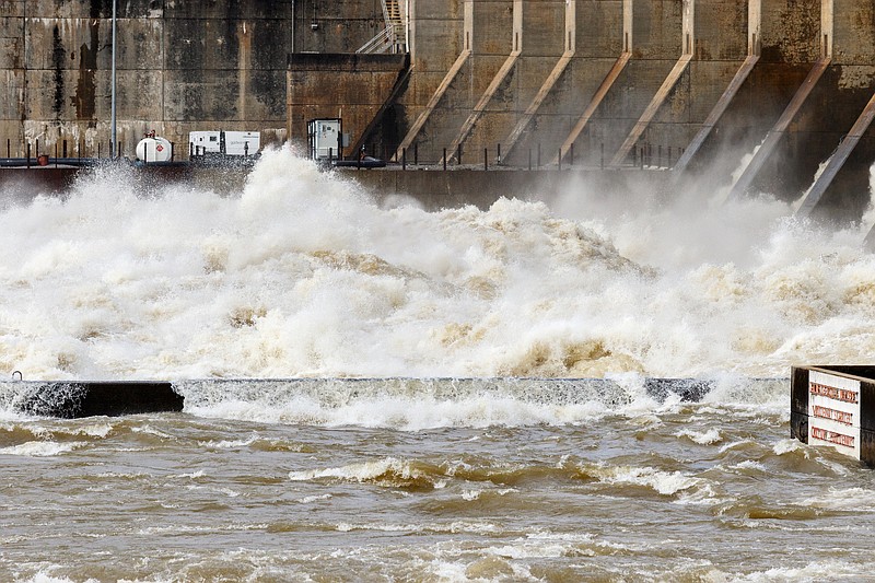 Waves crash as the Chickamauga Dam spills water on Friday, March 1, 2019, in Chattanooga, Tenn. The Tennessee Valley Authority's management of the Tennessee River during recent heavy rain has saved the region from significant flooding.