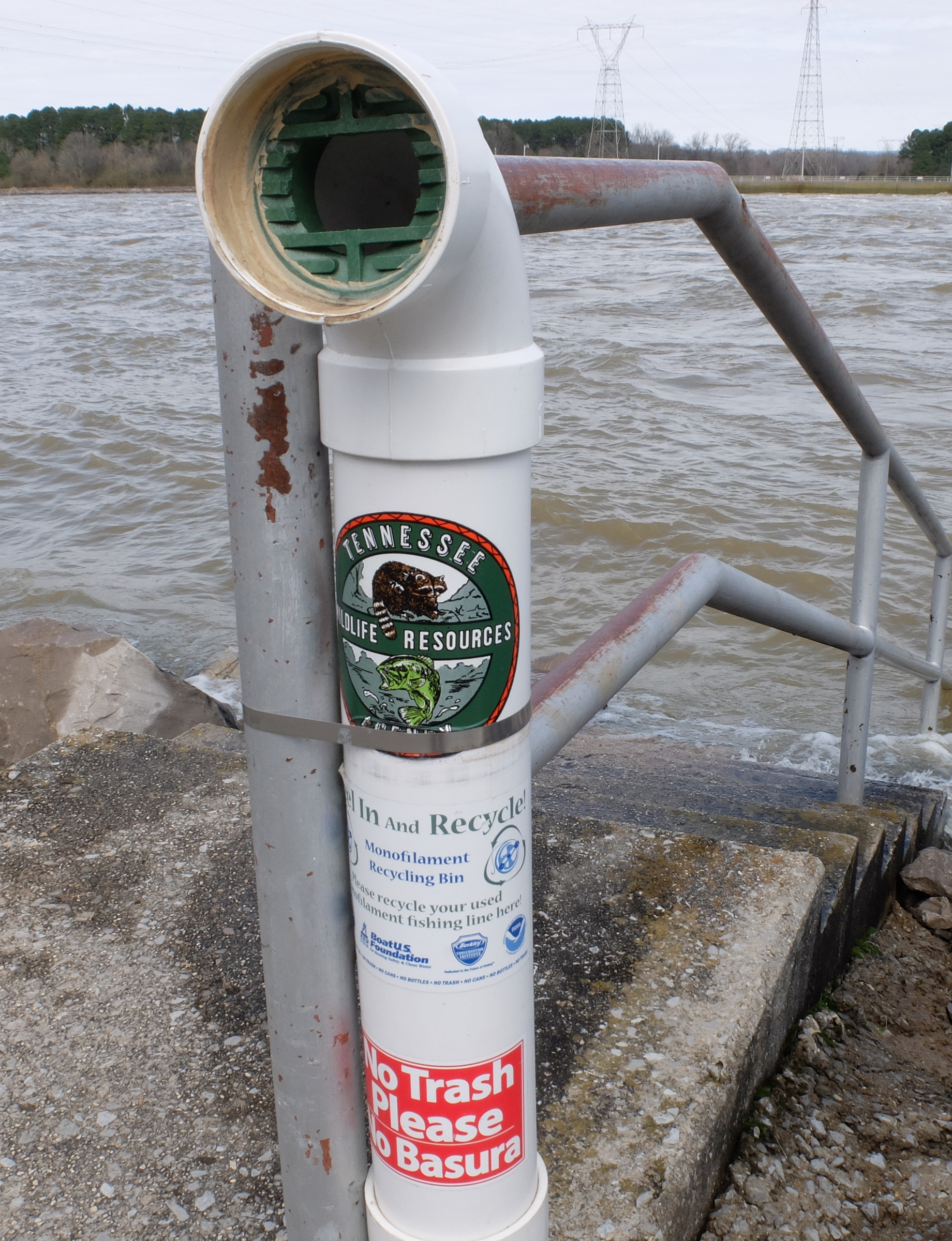 Monofilament recycling recovery bin used fishing line . News Photo