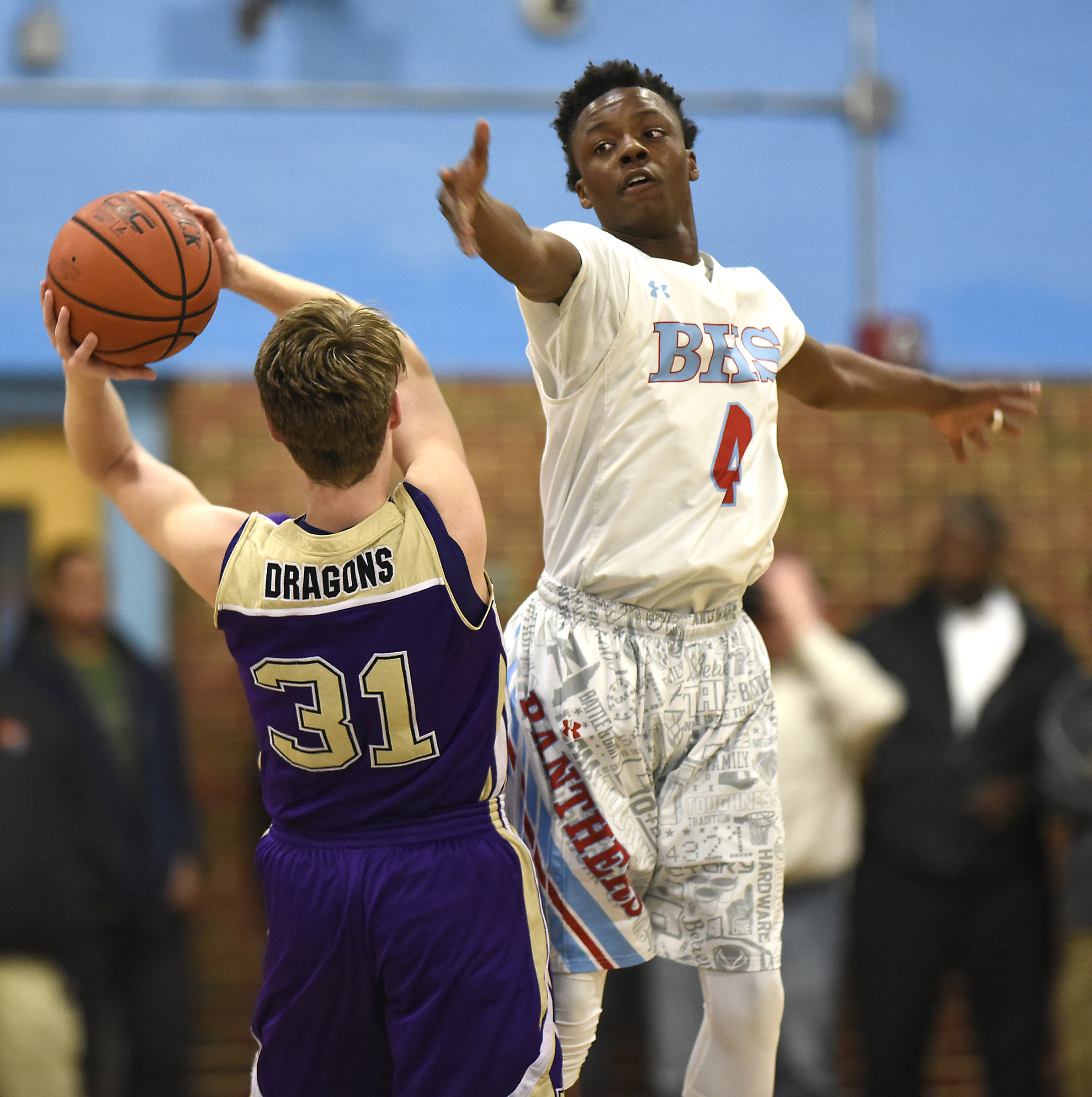 Brainerd's LaDerron Freeman (4) plays pressure defense against York's Noah Smith (31). The Brainerd High Panthers hosted the York Institute Dragons in a Class AA TSSAA sectional game on March 4, 2019.