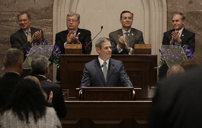 Tennessee Gov. Bill Lee delivers his first State of the State Address Monday, March 4, 2019, in Nashville, Tenn. (AP Photo/Mark Humphrey)

