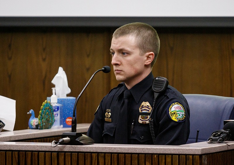 Officer Jarrod Justice, who was field training officer to Officer Nicholas Galinger, testifies during a preliminary hearing for Janet Hinds before Judge Alex McVeagh at the Hamilton County-Chattanooga Courts Building on Tuesday, March 5, 2019, in Chattanooga, Tenn. Judge McVeagh bound charges against Hinds in the Feb. 23 hit-and-run death of Galinger over to a grand jury.