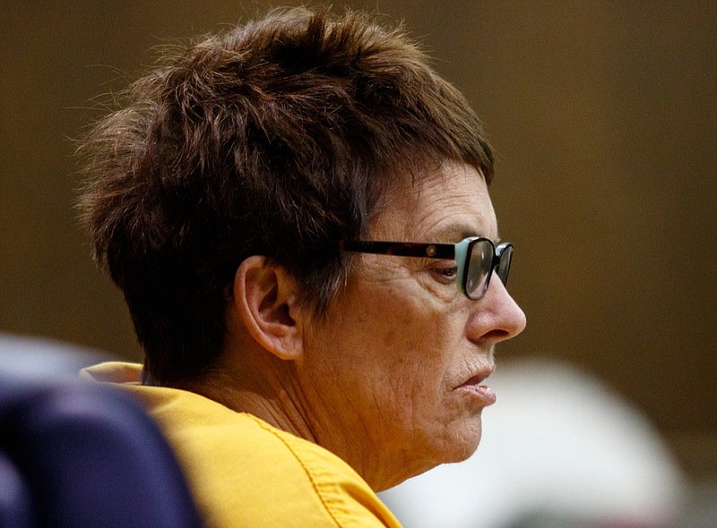 Janet Hinds listens to testimony during a preliminary hearing before Judge Alex McVeagh at the Hamilton County-Chattanooga Courts Building on Tuesday, March 5, 2019, in Chattanooga, Tenn. Judge McVeagh bound charges against Hinds in the Feb. 23 hit-and-run death of Chattanooga Police Officer Nicholas Galinger over to a grand jury.