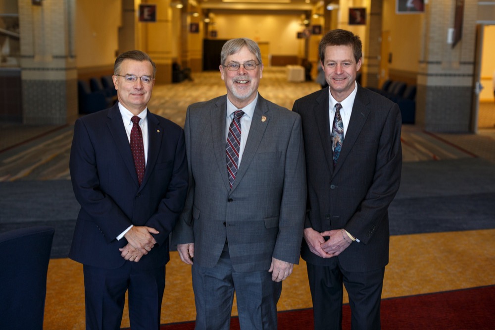 Council CEO Scott Fosse, left, poses for a picture with Captain Richard Phillips, center, and Times Free Press President Jeff DeLoach at the Chattanooga Convention Center on Wednesday, March 6, 2019, in Chattanooga, Tenn. Phillips, whose story of capture by pirates in the Guardafui Channel is the subject of the film Captain Phillips starring Tom Hanks, was the speaker at the Cherokee Area Council of the Boy Scouts of America's Friends of Scouting Luncheon.