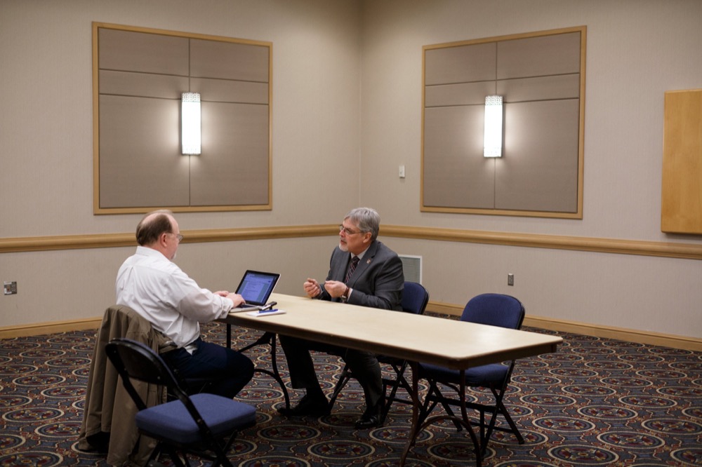 Times Free Press reporter Ben Benton, left, interviews Captain Richard Phillips at the Chattanooga Convention Center on Wednesday, March 6, 2019, in Chattanooga, Tenn. Phillips, whose story of capture by pirates in the Guardafui Channel is the subject of the film Captain Phillips starring Tom Hanks, was the speaker at the Cherokee Area Council of the Boy Scouts of America's Friends of Scouting Luncheon.