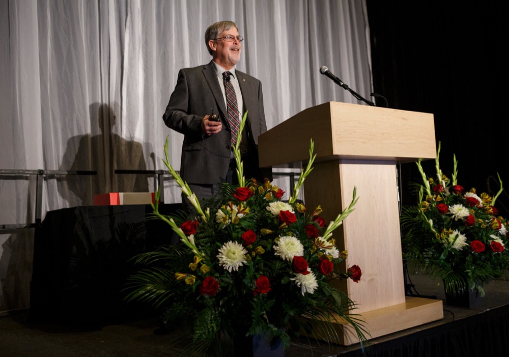 Captain Richard Phillips performs a sound check on stage at the Chattanooga Convention Center on Wednesday, March 6, 2019, in Chattanooga, Tenn. Phillips, whose story of capture by pirates in the Guardafui Channel is the subject of the film Captain Phillips starring Tom Hanks, was the speaker at the Cherokee Area Council of the Boy Scouts of America's Friends of Scouting Luncheon.