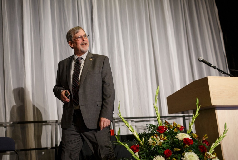 Captain Richard Phillips performs a sound check on stage at the Chattanooga Convention Center on Wednesday, March 6, 2019, in Chattanooga, Tenn. Phillips, whose story of capture by pirates in the Guardafui Channel is the subject of the film Captain Phillips starring Tom Hanks, was the speaker at the Cherokee Area Council of the Boy Scouts of America's Friends of Scouting Luncheon.