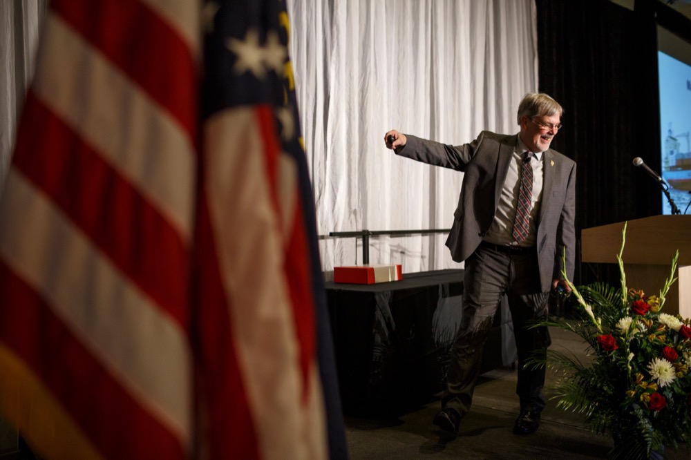 Captain Richard Phillips performs a sound check on stage at the Chattanooga Convention Center on Wednesday, March 6, 2019, in Chattanooga, Tenn. Phillips, whose story of capture by pirates in the Guardafui Channel is the subject of the film Captain Phillips starring Tom Hanks, was the speaker at the Cherokee Area Council of the Boy Scouts of America's Friends of Scouting Luncheon.