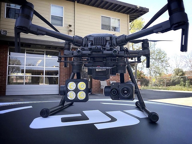 This 2018 photo provided by the Menlo Fire UAS shows a DJI drone with a thermal-imaging camera designed by FLIR Systems in Menlo Park, Calif. Law enforcement officers used heat-seeking drones like this to search for victims of the tornadoes that ravaged a rural corner of Alabama on Sunday, March 3, 2019. (Menlo Fire UAS/Drone Program via AP)

