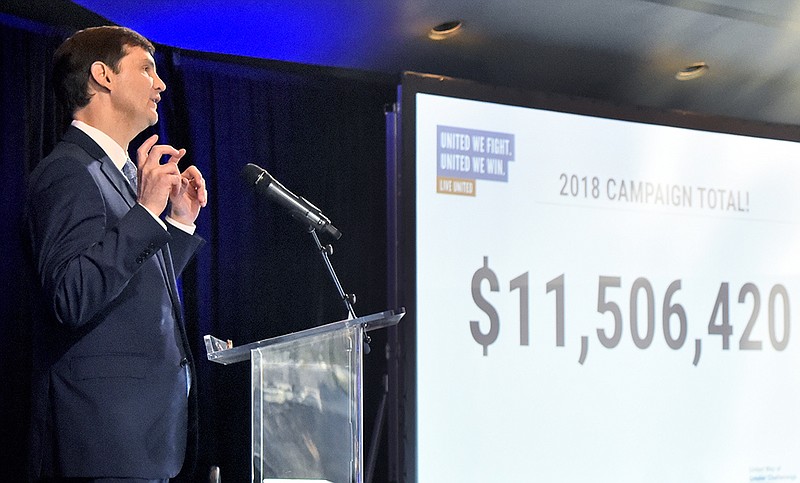 Staff Photo by Robin Rudd/
2018 United Way Campaign chairman, Michael Mathis, details how the effort surpassed their goal.  The United Way of Chattanooga held a leadership meeting at the Chattanooga Whiskey Event Hall on March 7, 2019.  