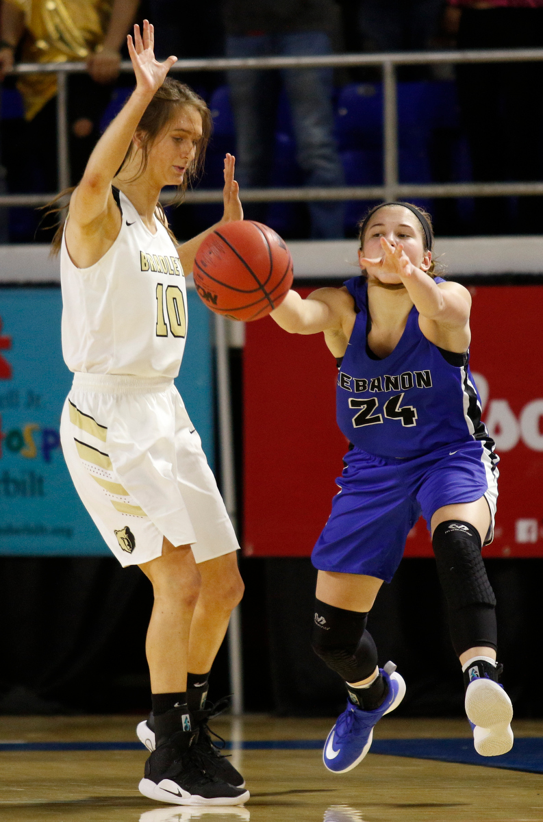 Lebanon shooting guard Aaryn Lester (24) passes away from Bradley Central shooting guard Anna Roberts (10) during the Bearettes' TSSAA Class AAA girls basketball quarterfinal against the Lady Blue Devils at Middle Tennessee State University's Murphy Center on Thursday, March 7, 2019, in Murfreesboro, Tenn.